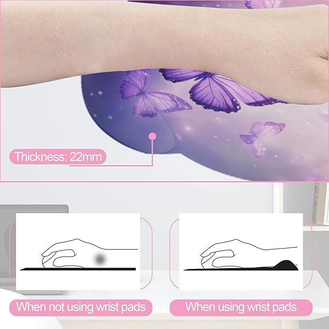 Butterfly Purple Sparkling Keyboard Wrist Rest Pad and Mouse Pad Wrist Support Set,3-in-1 Ergonomic Mouse Pad with Non-Slip Rubber Base for Home Office Game Computers Desk,