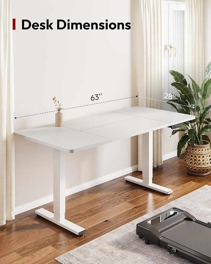 SANODESK Dual Motor Electric Standing Desk 63 x 28 Inches, Height Adjustable Sit Stand Desk with Large Splice Board for Home Office, Computer Workstation, Study & Gaming, White Frame/White Top