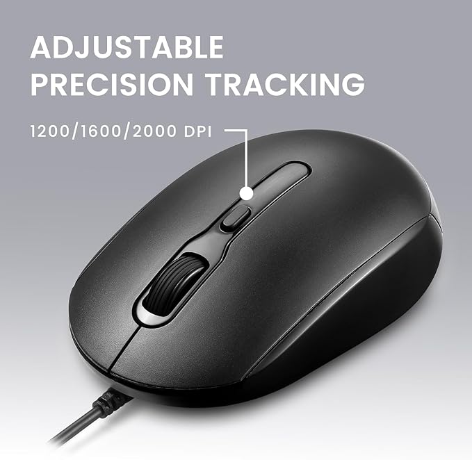 Perixx PERIMICE-222C USB Type C Wired Optical Mouse, 5.9 Ft Cable, Adjustable 1200/1600/2000 DPI, Silent Click, Ambidextrous, Black