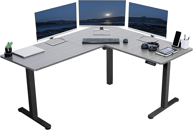 VIVO Corner Standing Desk, 63 x 55 inch Reversible L-Shaped Workstation, Electric Height Adjustment, Home, Office, and Reception Rooms, Dark Gray Table Top Black Frame, DESK-E3CTG