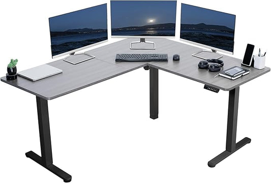 VIVO Corner Standing Desk, 63 x 55 inch Reversible L-Shaped Workstation, Electric Height Adjustment, Home, Office, and Reception Rooms, Dark Gray Table Top Black Frame, DESK-E3CTG