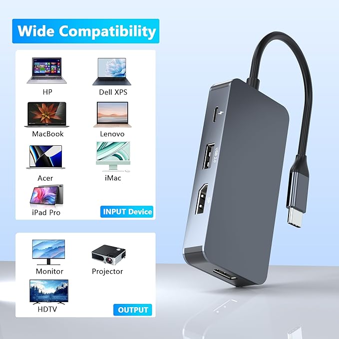 Display port Splitter for Dual Monitors, Dual Display Port USB C Docking Station for Dell/HP/Mac Laptop, 7 IN 1 4K@60Hz Docking Station Dual Monitor with USB3.0/USB-C Data/100W PD, Displayport MST Hub