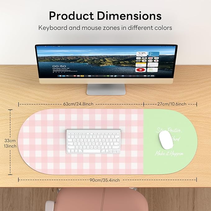 Checkered Pattern Desk Pad Protector, 35.5 x 13'' Aesthetic Mouse Mat for Desktop, Waterproof PU Leathe Non-Slip Desk Writing Pad for Office and Home, Pink and Green