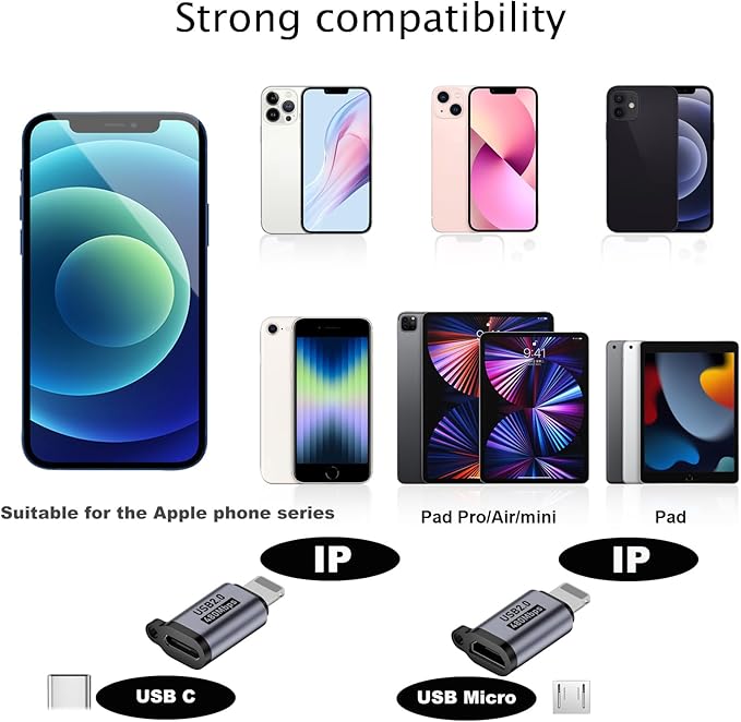 USB C to Micro Adapter, IP to USB C, and Type-C to USB A Adapter, (9 Pieces)，Supports Fast Charging up and Supports a Data Transfer 。