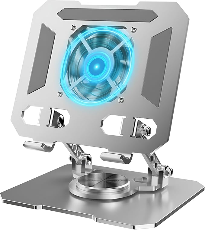 Silver Laptop Cooling Stand with Turbo Fan, Adjustable Height & Angle, 360° Rotating Aluminum Notebook Riser for Up to 15.6” Laptops & Tablets (Best for 13” Lightweight Devices)