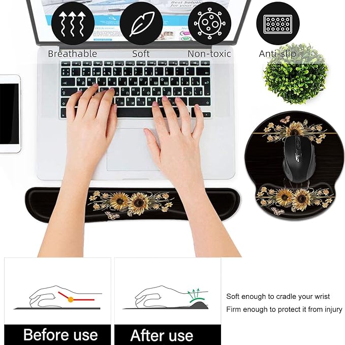 Bxgolkgd Keyboard Wrist Rest and Mouse Pad Wrist Support Set,Ergonomic Memory Foam Wrist Pad & Non Slip Base for Home Office Working Studying Easy Typing,Pain Relief,Cute Flower Cat