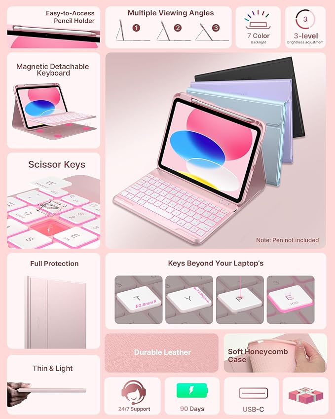 typecase Folio iPad 11th/10th Gen Keyboard Case (11" A16 2025 & 10.9" 2022) – Magnetic Wireless Detachable Keyboard, 7-Color Backlight, Thin & Light, Pencil Holder – Light Pink