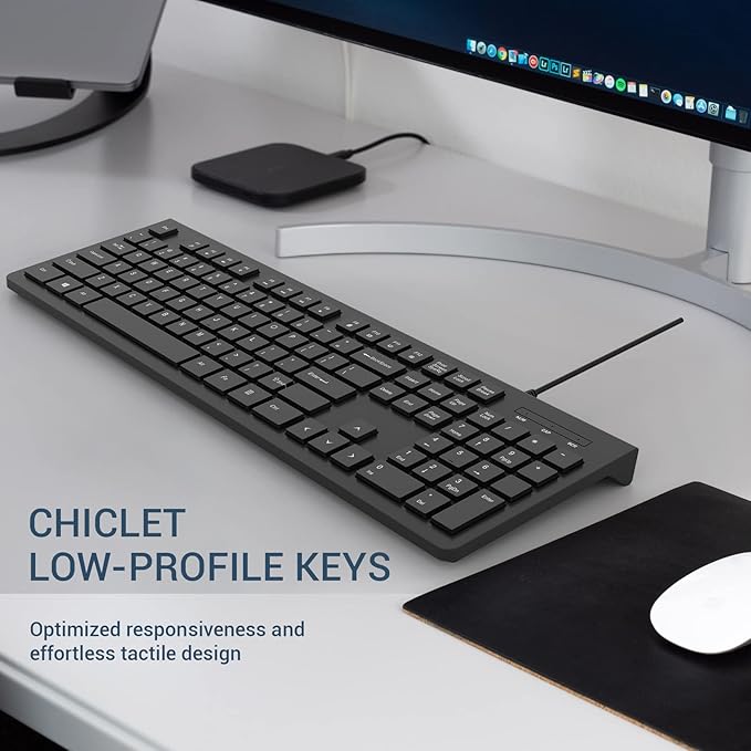 Wired Keyboard, Ultra-Thin USB Wired Computer Keyboard, Low-Profile Keys, Spill-Resistant, Multimedia Keys, Compatible with Windows, Mac, Chrome, Linux, and Android-Black