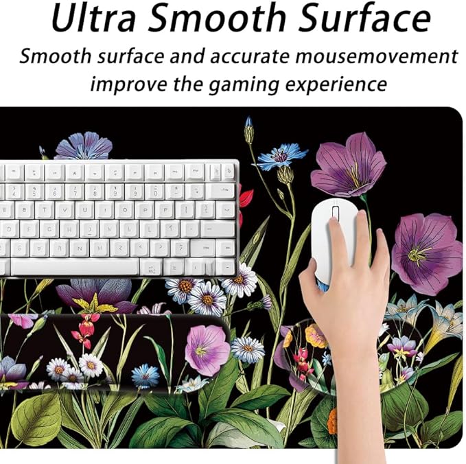 4 in 1 Large Keyboard Mouse Pad Set, Ergonomic Keyboard Wrist Rest Pad, Wrist Support Mousepad Set, Cup Coaster, Extended Desk Mat for Home Game Women Office Desk Decor Accessories(Floral)