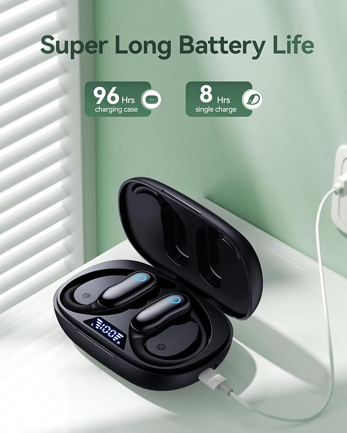 GNMN Active Noise Cancelling Ear Buds Wireless Earbuds 96hrs Playback Bluetooth Headphones Dual Battery Display Stereo Bass Earphones with Earhooks Microphone IPX7 Waterproof Headset for Sports/Gym