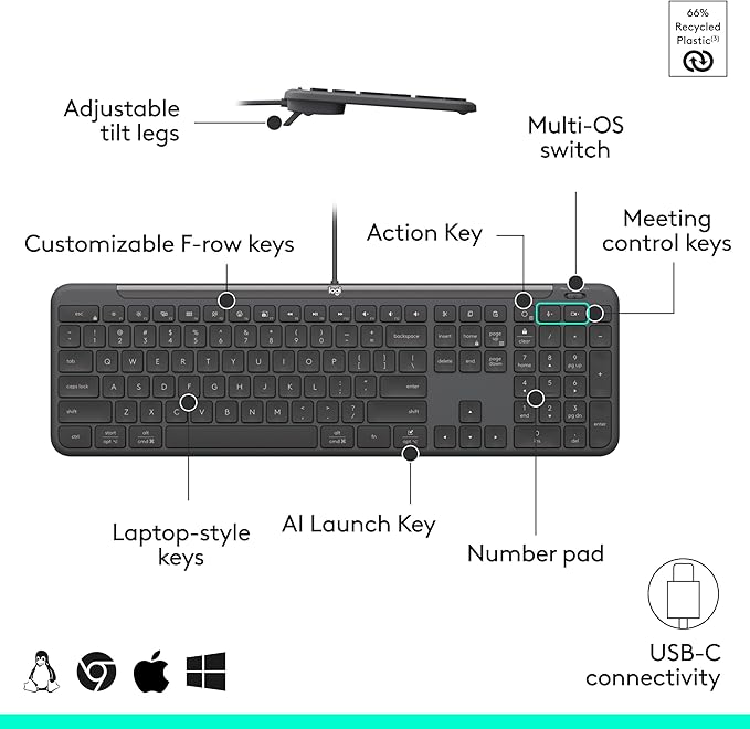 Logitech Signature Slim Wired K620 for Business, Full-Size Keyboard, USB-C Plug-and-Play, Laptop-Style, Scissor Keys, Windows/Mac/Chrome/PC/laptops - Graphite