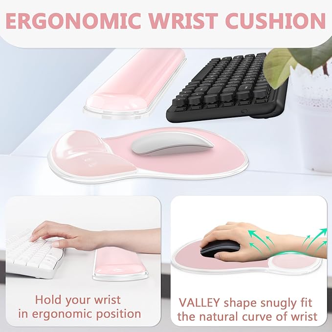 AKIT Ergonomic Mouse Pad with Wrist Rest& Keyboard Wrist Rest, Wrist Rest for Computer Keyboard, Pain Relief, Non-Slip Gel Base, Mousepad Wrist Support for Gaming, Office, Waterdrop Shaped Pink