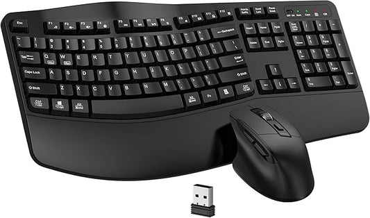 Wireless Keyboard and Mouse Combo, EDJO 2.4G Full-Sized Wave Keys Ergonomic Keyboard and Wireless Optical Mouse, Energy-Saving Wireless Mouse Keyboard for Computer, Mac, Laptop, PC, Windows