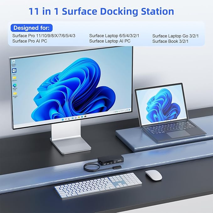 New Surface Dock, 11-in-1 Surface Pro Docking Station 4K@60HZ HDMI+VGA, Surface Docking Station for Surface Pro 11/10/9/8/X/7/6/5/4/3,Surface Laptop 6/5/4/3/2/1, Laptop Go 3/2/1,Surface Book