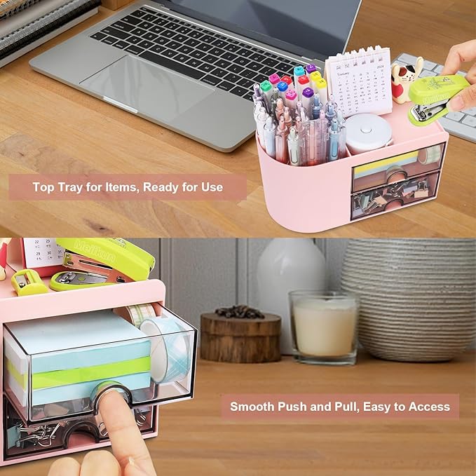 Desk Organizer with Drawer, Pen Organizer for Desk, Small Pencil Holder, Desk Organizers and Accessories for Office Home Storage (2 Drawers+4 Compartments, Pink)