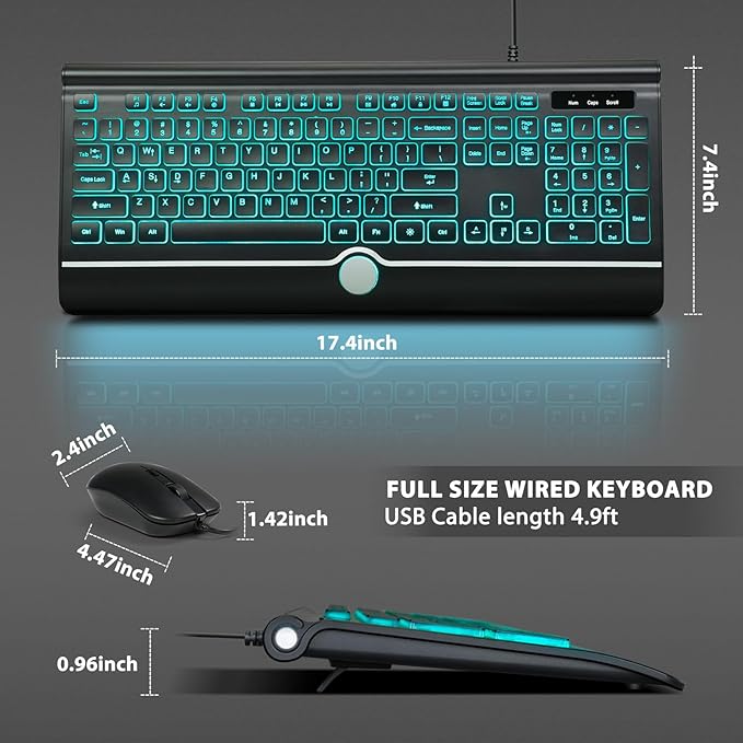 Wired Keyboard and Mouse Combo, Backlit Computer Keyboards with Wrist Rest, Light Up Keyboard Easy to See, 7-Color Backlit Keyboard and Optical Mouse for Windows, PC, Laptop, USB Plug and Play