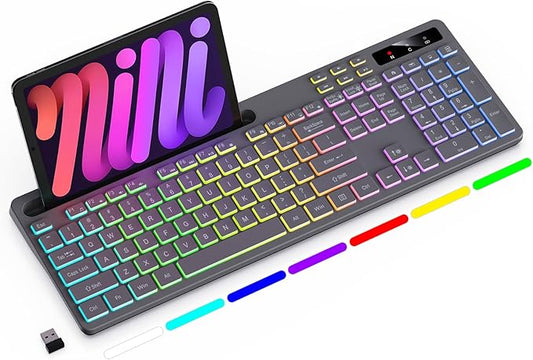 Wireless Keyboard with 7-Color RGB Backlit, Full-Size Computer Keyboard with Phone Tablet Holder, 2.4G Rechargeable Gaming Keyboard with Light Up Keys, Compatible with Mac, Windows (Grey)