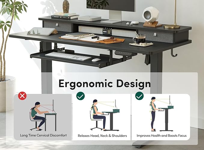 FEZIBO Standing Desk with Drawers and Keyboard Tray, 48"×24" Electric Height Adjustable Table with Monitor Shelf, Computer Home Office Sit and Stand up Workstation, Black