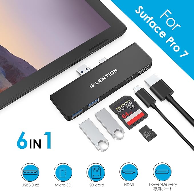 LENTION Surface Pro 7 USB C Hub Docking Station,6-in-1 Surface Pro 7 Hub,4K@60Hz USB C to HDMI Hub,SD&Micro SD Dual Card Reader Hub,2 USB 3.0 Hub,60W Type C Charging Port Hub(CS34,Black)