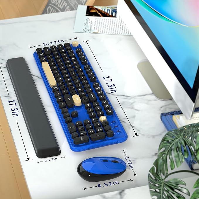 Wireless Computer Keyboards Mouse Combos, COVEVA Colorful Typewriter Retro Keyboard with Round Keycaps, USB Keyboard and Mouse Set 2.4GHz Full-Size Wireless Keyboard and Optical Mouse（Black-Blue）