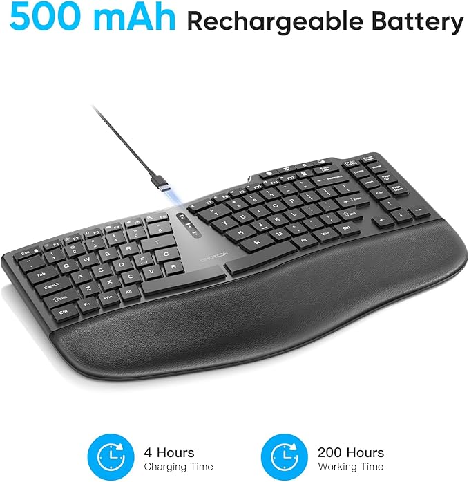 OMOTON Ergonomic Wireless Split Keyboard Compatible with Windows only, Cushioned Wrist Rest, Rechargeable, USB Connectivity, 2.4G Membrane Silent Keyboard, Classic Black