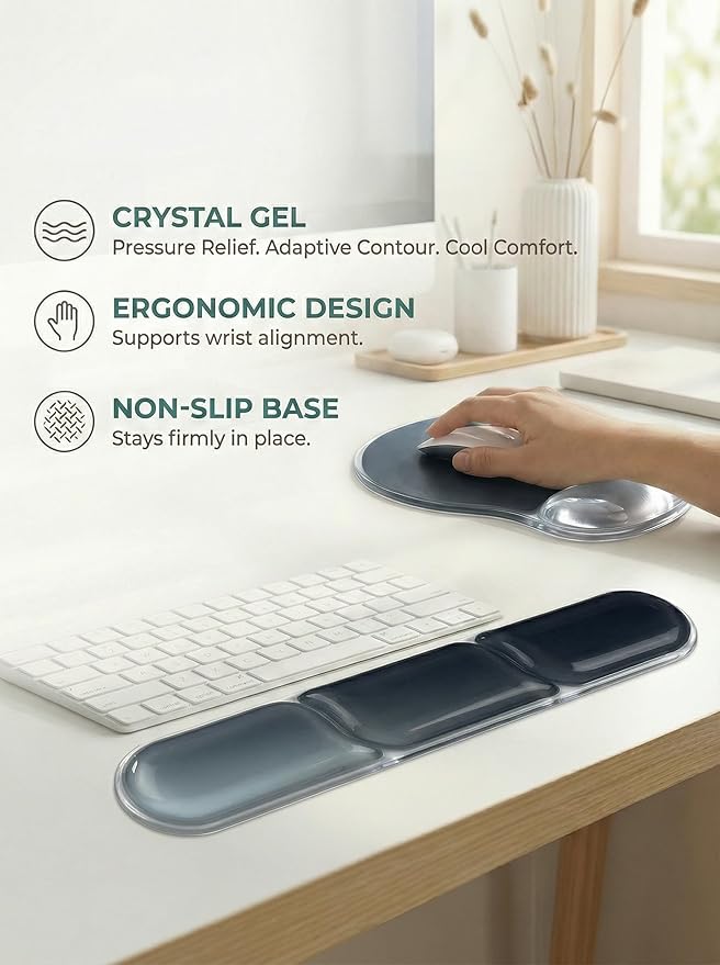 icolor Crystals Gel Mouse Pad Keyboard Wrist Rest Set, Ergonomic Keyboard & Mousepads Wrist Support, Non Slip Gel Keyboards Wrist Rest Desk Pad for Computer Laptop Gaming Office Gift (Black)