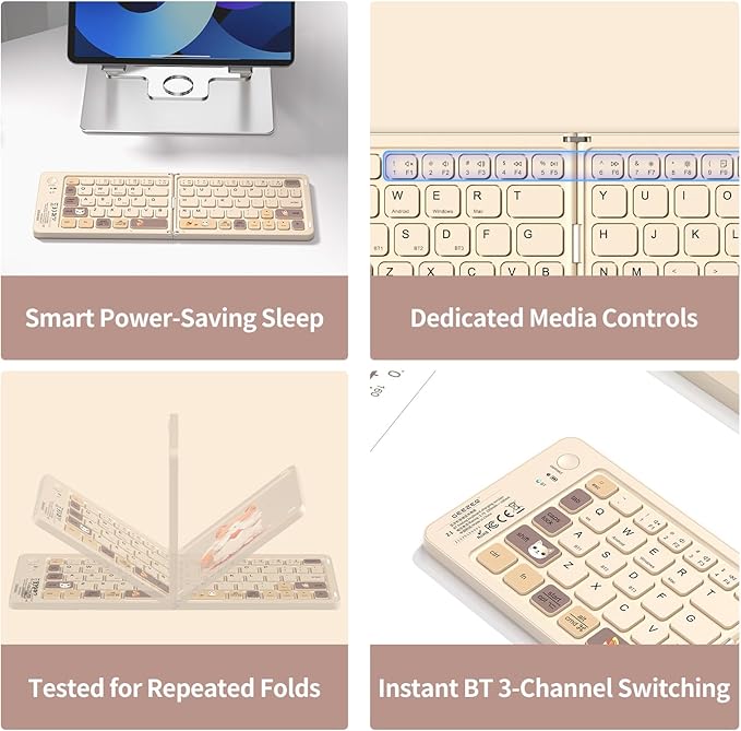Foldable Mini Bluetooth Keyboard, Portable Compact Wireless Rechargeable Keyboard with 67 Slim Quiet Keys, Cute Pocket-Sized Travel Keyboard for iPad iPhone Android Tablet Mac Windows-Milk Tea Color