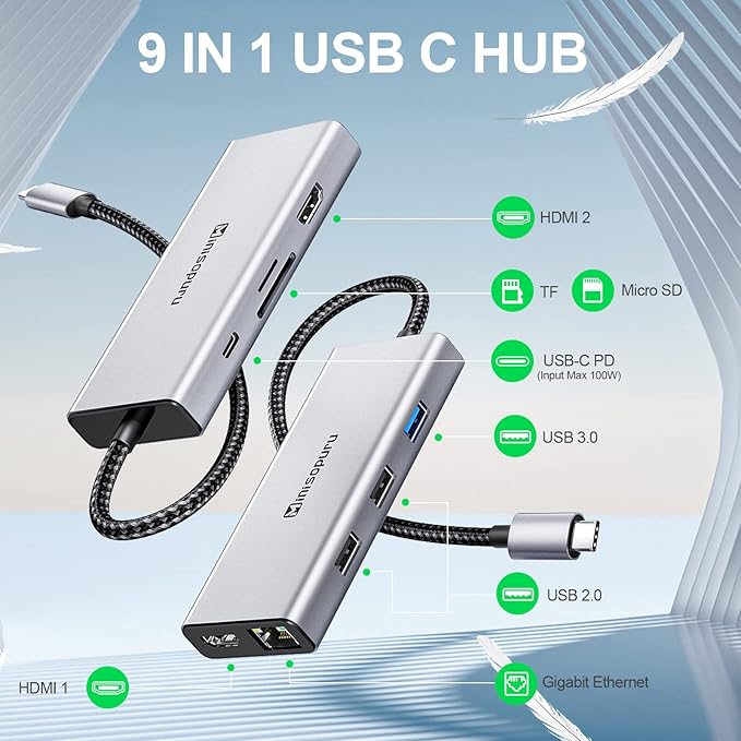 9 in 1 USB C Laptop Docking Station Dual Monitor for MacBook Pro/Surface/XPS/HP, USB C Dock USB C Multiport Adapter with Dual 4K@60Hz, 3 X USB, Gigabit Ethernet,100W PD, SD/TF