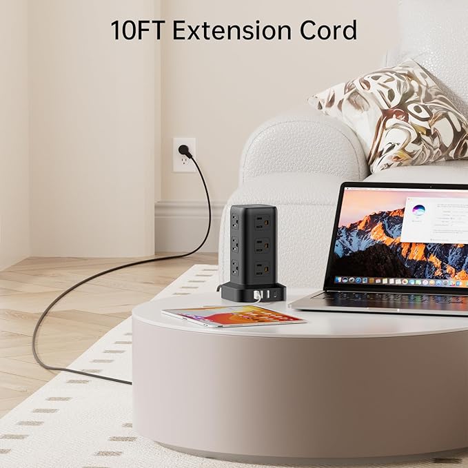 Extension Cord with Multiple Outlets, SMALLRT Surge Protector Tower, PD 20W USB C, Power Strip with USB Ports 12 AC Outlets, 10FT Outlet Extender for Home Dorm, Office Supplies, Overload Protection