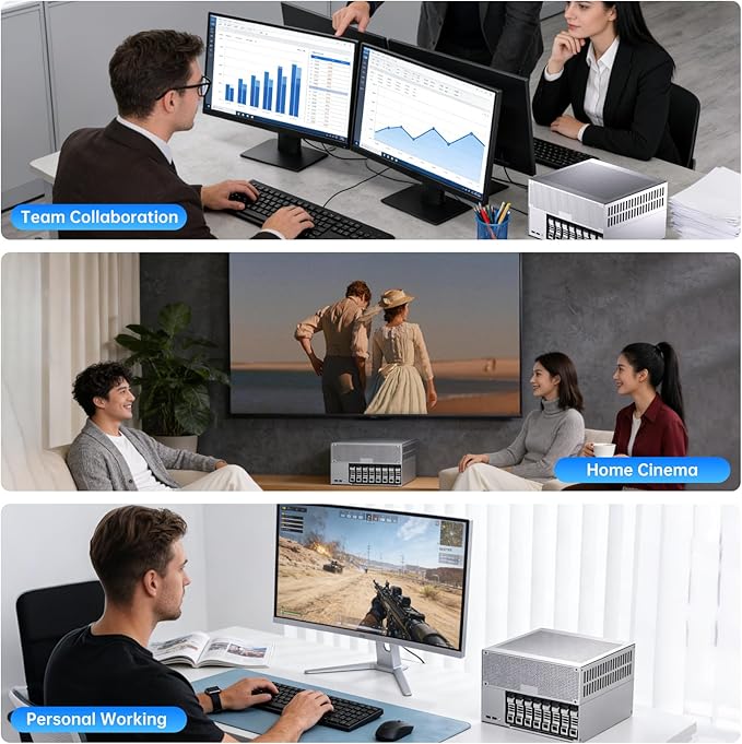 Thdeukoty Desktop NAS 8-Bay, Ultra 9 285H AI CPU, 32GB LPDDR5 8400Mhz RAM, 2 x 10GbE, 2 x M.2 NVMe Slots, HD/DP, PCIe 4.0 x 8 Slot, USB 4, Support Dual System Network Attached Storage (Diskless)