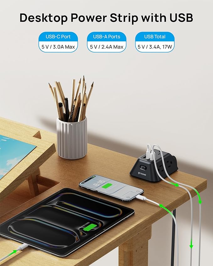 Desk Clamp Power Strip, Surge Protector with 5 AC Outlets and 3 USB Ports, Desk Mount Charging Station, Fit 1.97in Tabletop Edge Thick, Extension Cord 10FT for Home Office Gaming Accessories, Black