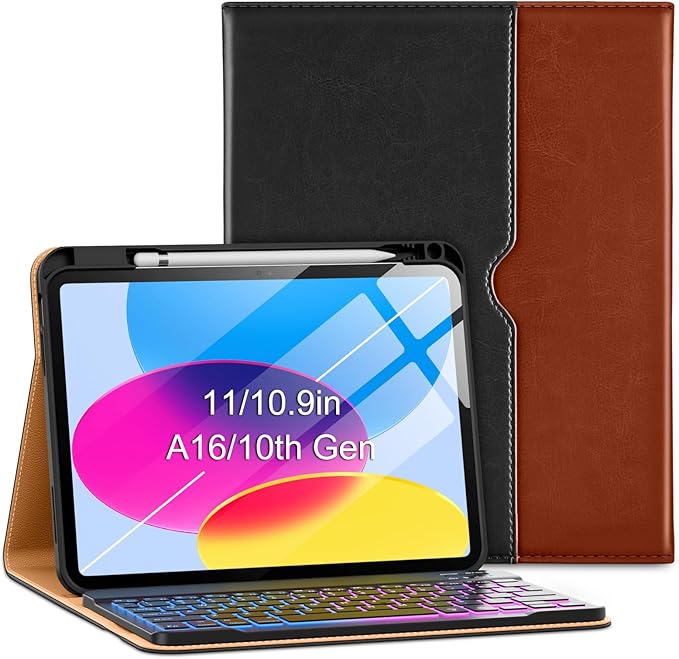 VIKESI Keyboard Case for iPad (A16,2025) 11th Generation/iPad 10th Generation Case (10.9" 2022),Premium Leather Smart Cover,Built-in Breathing Light,Function Row,Pencil Holder,Card Slots - Black Brown
