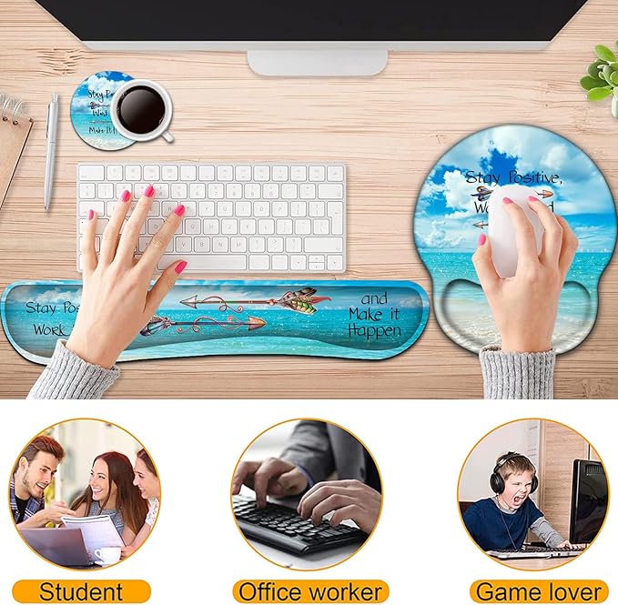 Keyboard Wrist Rest and Mouse Pad with Wrist Support, Ergonomic Gel Mouse Pad Coaster, Easy Typing Pain Relief, Memory Foam Keyboard Mousepad Set,Stay Positive Work Hard Make It Happen