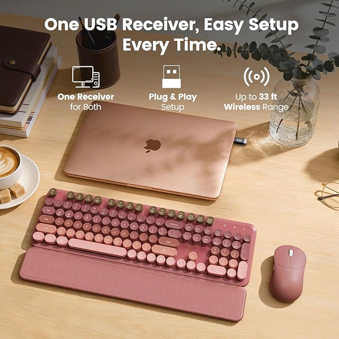 Wireless Keyboard and Mouse Combo, Magnetic Soft-Touch Wrist Rest, Round Keycaps, Full-Size Retro Typewriter Keyboard, 2-Stage Tilt Legs, Auto Sleep, 2.4GHz Cordless for Windows PC, Rose Pink Ombre