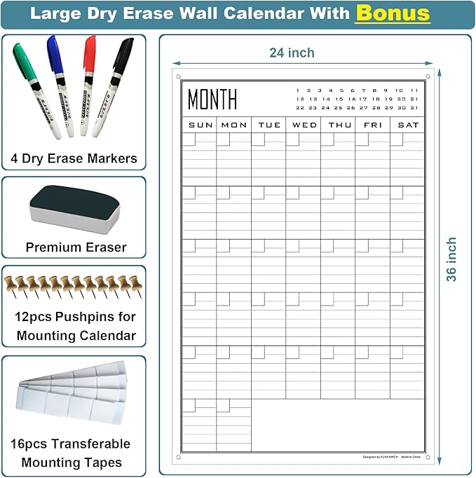 Large Dry Erase Calendar For Wall Monthly,24x36 Inch Big Vertical Blank White Board Calendar Fit to Narrow Wall,Giant Laminated Erasable 30 Day Schedule Planner Poster for Family,Office,Classroom