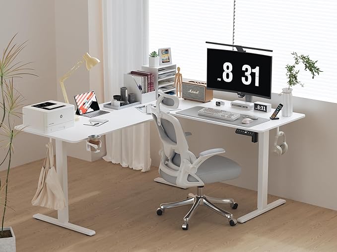 75x61 Inches Reversible L Shaped Standing Desk Height Adjustable with Cup Holder, Electric Corner Computer Workstation for Home Office, Ergonomic Sit Stand up Gaming Desk, White