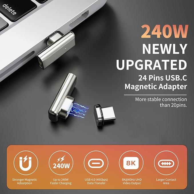 240W USB-C Adapter - 90 Degree Magnetic USB Extender with 2 Connector Tips, USB4 40Gbps 8K 60Hz Compatible with Thunderbolt 3/4 MacBook Pro/Air Laptop PC