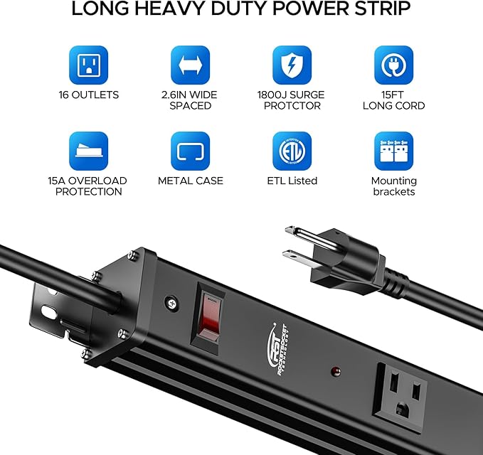 CRST 16-Outlet Long Power Strip, 15FT 1800J Heavy Duty Surge Protector with Wide-Spaced Outlets,15A Overload Protection, ETL Listed, Wall Mountable Metal Industrial Power Strip for Garage Workshop