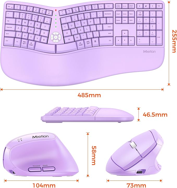 MEETION Ergonomic Keyboard and Mouse Combo, 2.4G Cordless Split Keyboard with Cushioned Palm Rest, Vertical Wireless Mousefor Windows/Mac Purple