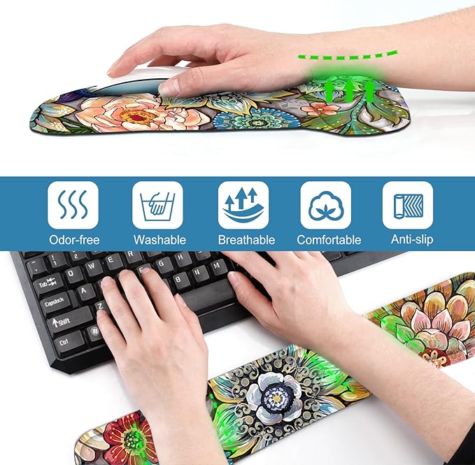 Keyboard Wrist Rest Mouse Pad Support, ToLuLu Gel Ergonomic Mouse Pads for Computer Laptop PC, Comfortable Durable Mousepad Keyboard Wrist Rests for Easy Typing Pain Relief, Lovely Flo