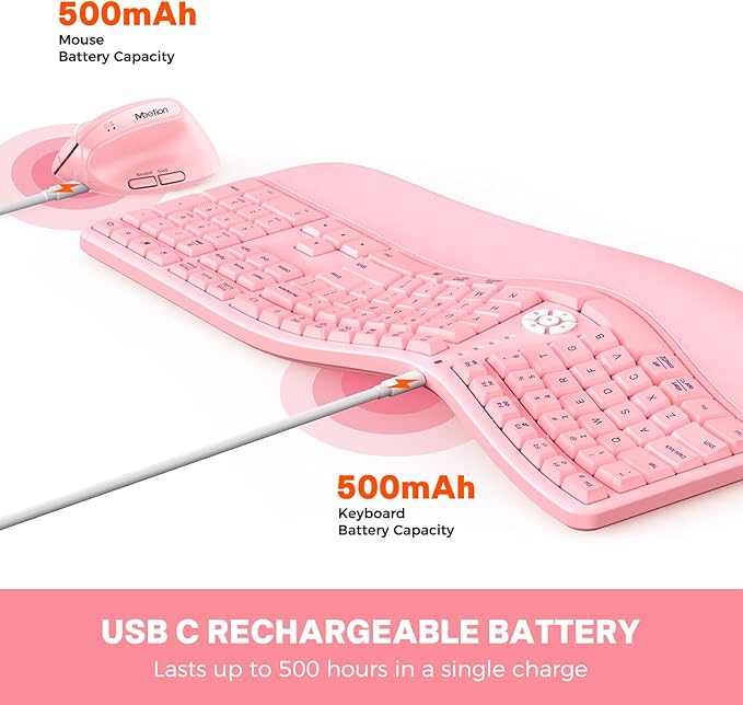 MEETION Ergonomic Keyboard and Mouse Combo, 2.4G Cordless Split Keyboard with Cushioned Palm Rest, Vertical Wireless Mouse, Natural Typing Full Size Keyboard, for Windows/Mac Pink