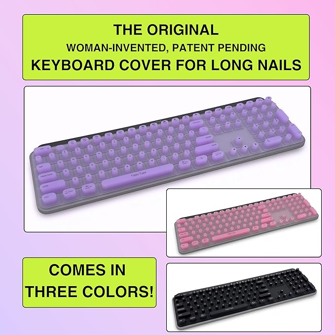 TIPPY TYPE Raised Keyboard Cover for Long Nails – Fits Logitech MX Keys S Full-Size Keyboard - Silicone - The Original - Comfortable Typing, Quiet, Nail Protection (Violet Haze)