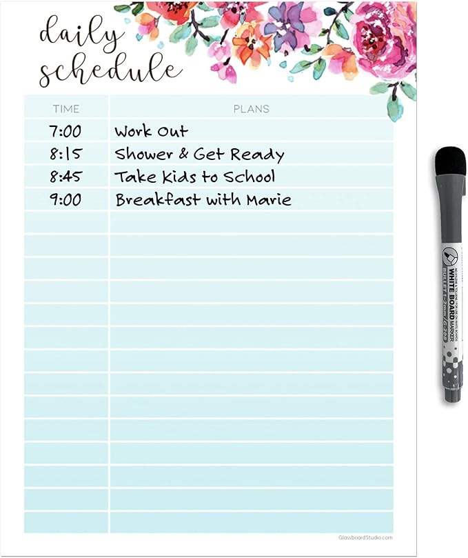 Dry Erase Daily Schedule Planner Sticker Decal by Glassboard Studio | Removable & Reusable | Magnetic Fine-Tip Marker Included (9 x 12 inches, Floral)