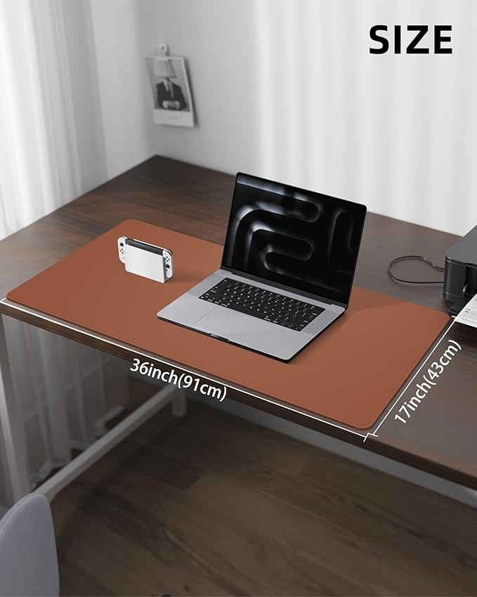 Leather Mouse Pad & Desk Blotter Mat - Non-Slip PU Laptop Desk Pad, Waterproof Writing Pad for Office & Home (Brown, 36" x 17")