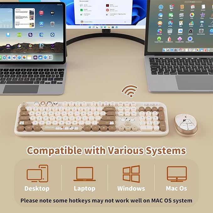 Wireless Keyboard and Mouse Combo, 2.4GHZ Typewriter Retro Full Size Keyboards, Cute Colorful Computer Keyboard and Wireless Mouse for Laptop/Desktop/Windows/PC (Milk Tea Colorful)