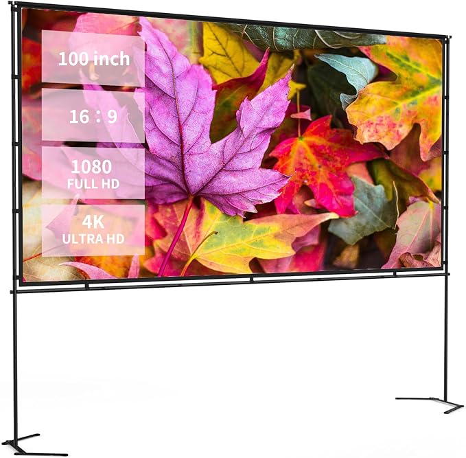 100" Projector Screen with Foldable Stand - 16:9 4K HD Anti-Wrinkle Portable Movie Screen for Indoor/Outdoor - with Carry Bag, Ropes & Pegs for Home Theater, Backyard, Camping & Party