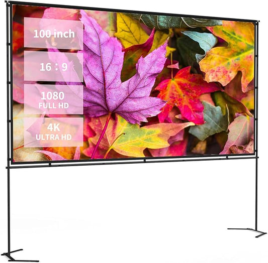 100" Projector Screen with Foldable Stand - 16:9 4K HD Anti-Wrinkle Portable Movie Screen for Indoor/Outdoor - with Carry Bag, Ropes & Pegs for Home Theater, Backyard, Camping & Party