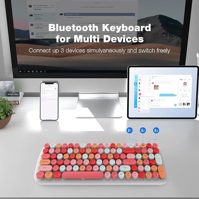 KNOWSQT Bluetooth Keyboard - White Colorful Multi Device Wireless Typewriter Keyboards - Round Keycaps 100 Keys Cute Keyboard for Windows, Laptop, PC, Tablet, iPad, iPhone, Chrome
