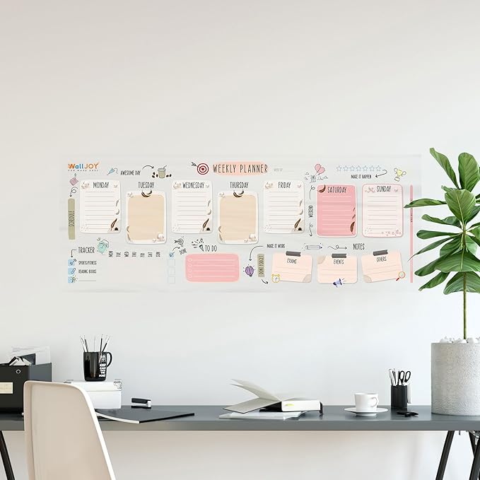 Dry Erase Calendar – 39.4x16” Weekly Dry Erase Board for Wall, Clear Weekly Planner Whiteboard, Adhesive-Free Calendar Whiteboard Sticks to Any Smooth Surface, Weekly Schedule Whiteboard