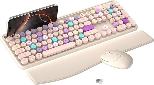 Colorful Wireless Computer Keyboard and Mouse Combo with Phone Holder, Wrist Rest, Typewriter Keys, 2.4GHz Wireless, Full-Sized Optical Mouse for PC and Laptop (Khaki)